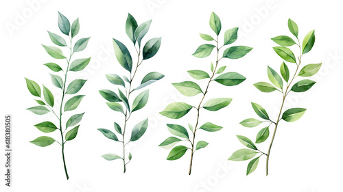 Watercolor of Tropical spring floral green leaves and flowers elements isolated on transparent png background  bouquets greeting or wedding card decoration  with Generative Ai.