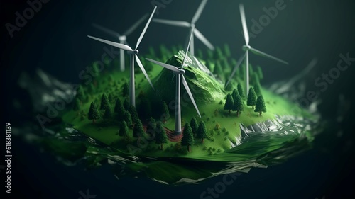 The concept of green energy and ecology of the future. Alternative high-tech wind and air energy with wind farms. AI generated
