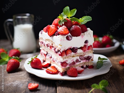 Strawberry tiramisu dessert with mascarpone and whipped cream, Italian cheesecake dessert, pudding or berry trifle cake. Generative AI