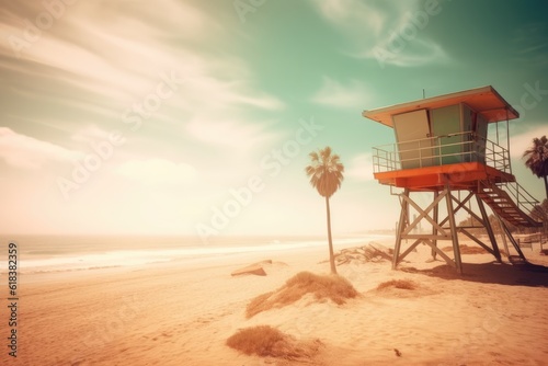 Beach with palm tree and life guard tower by the sea. Generative AI © kardaska