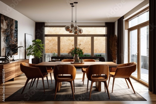 Interior design of modern dining room, wooden table and brown chairs. Generative AI © kardaska