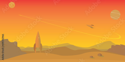 Red planet Mars colonization. Rockets on Mars and flys in sky on background houses for Mars settlers.	