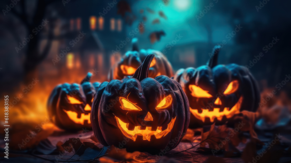 Obraz premium Scary halloween pumpkins, with dark blue background 