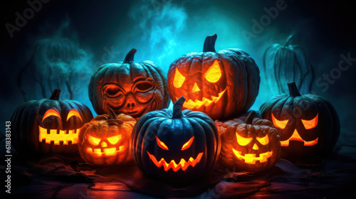 Scary halloween pumpkins  with dark blue background 