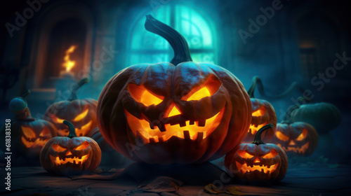 Scary halloween pumpkins, with dark blue background 