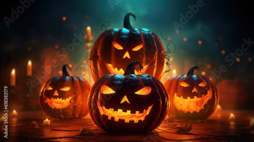 Scary halloween pumpkins, with dark blue background  © tashechka