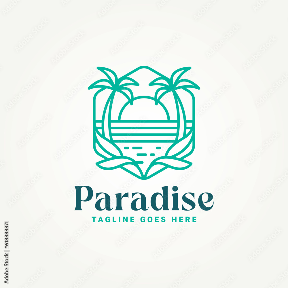 minimalist paradise beach line art badge icon logo template vector illustration design. simple modern villa resort, hotel, vacation emblem logo concept