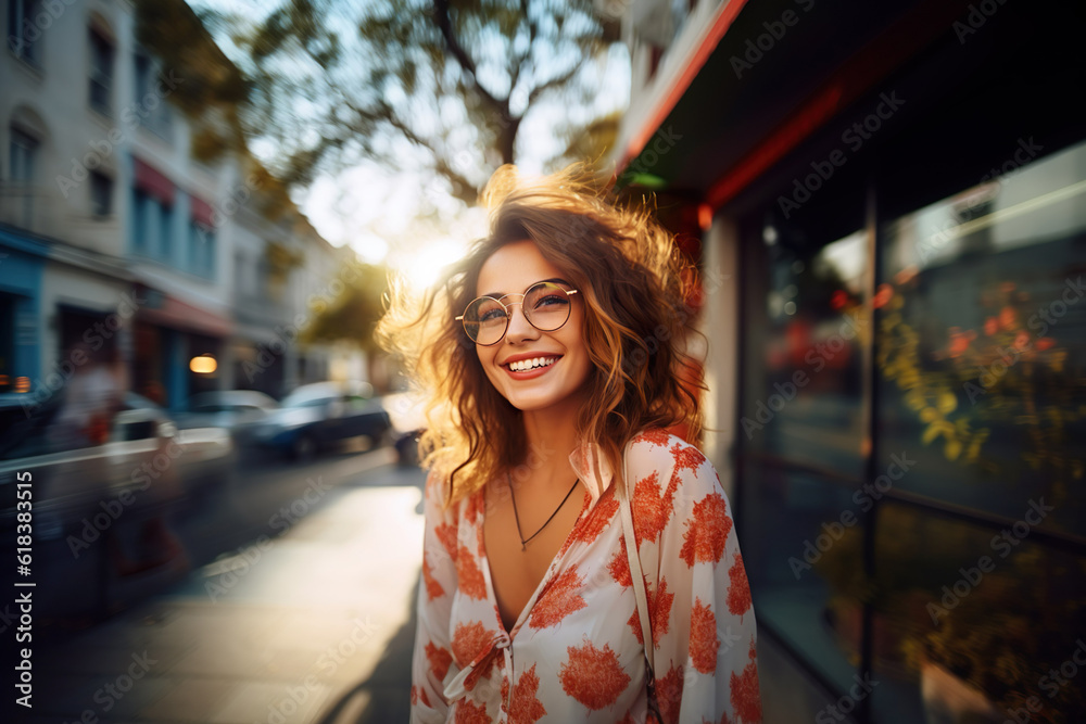 Fototapeta premium AI generated image of happy woman outdoor