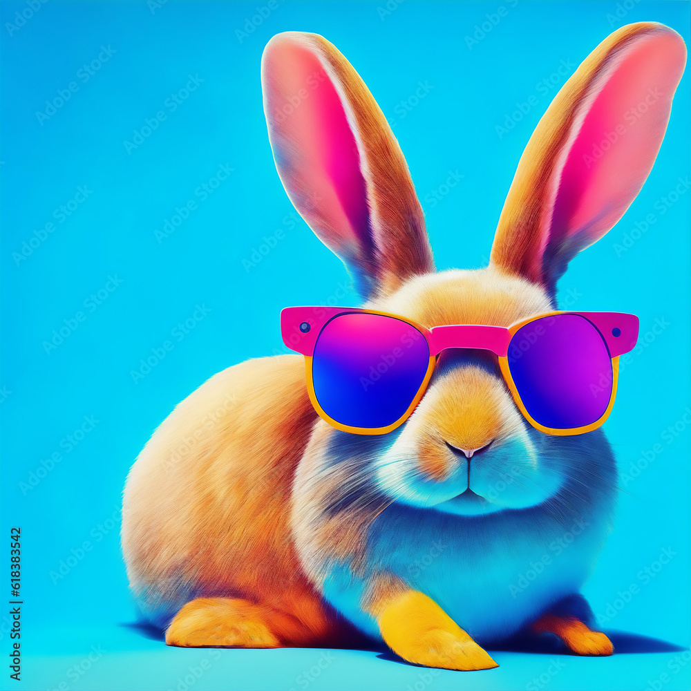 Colorful cool bunny with sunglasses on blue background