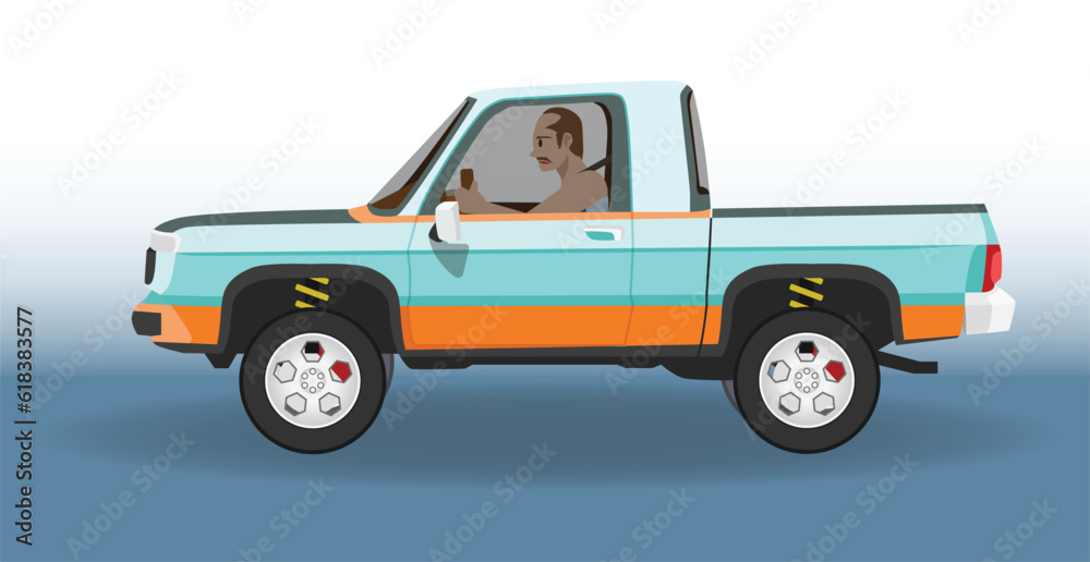 Concept vector illustration of detailed side of a flat pick up car. Can see inside with old man drinving car. Guardian blue and white background. Concept vector illustration of detailed side of a flat pick up car. Can see inside with old man drinving car. Guardian blue and white background.