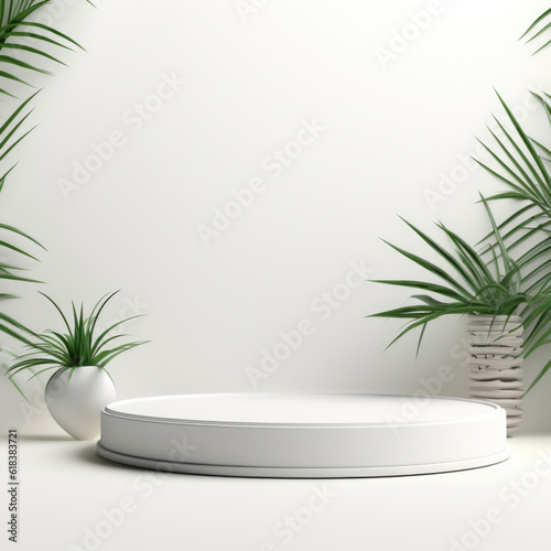 Abstract white clean 3D room with cylinder pedestal podium. Minimal wall scene for mockup product display. Stage for showcase.