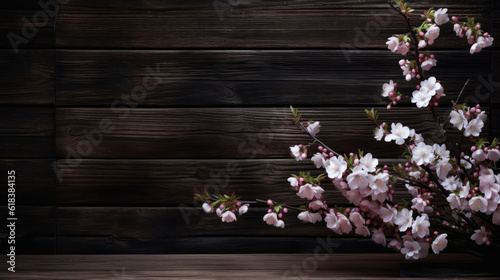 Pink blossoms on top of a dark wooden background  © tashechka