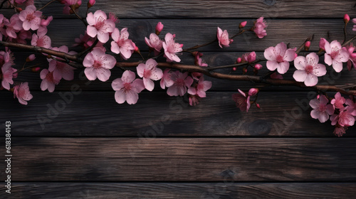 Pink blossoms on top of a dark wooden background 