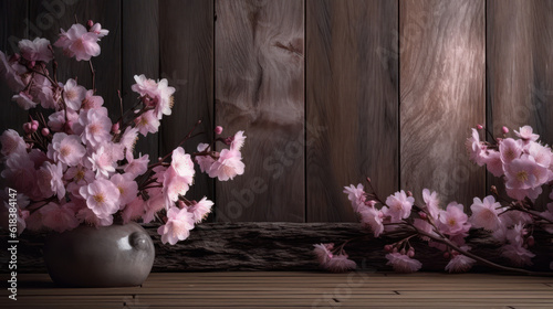 Pink blossoms on top of a dark wooden background 