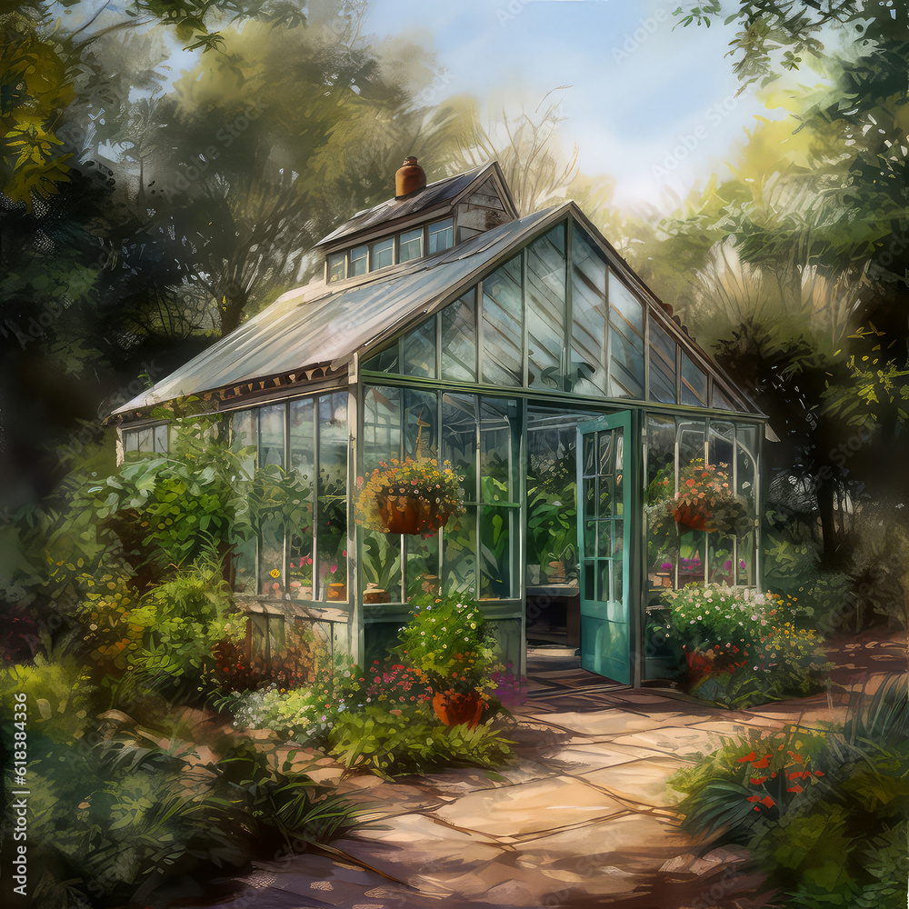 Greenhouse for growing plant seedlings. Cute glass house with fruits and vegetables. Garden, backyard design. Outdoor rustic concept. Generative ai Greenhouse for growing plant seedlings. Cute glass house with fruits and vegetables. Garden, backyard design. Outdoor rustic concept. Generative ai