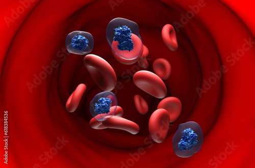 Aspirin acetylsalicylic acid (ASA) molecule in the blood flow - section view 3d illustration photo