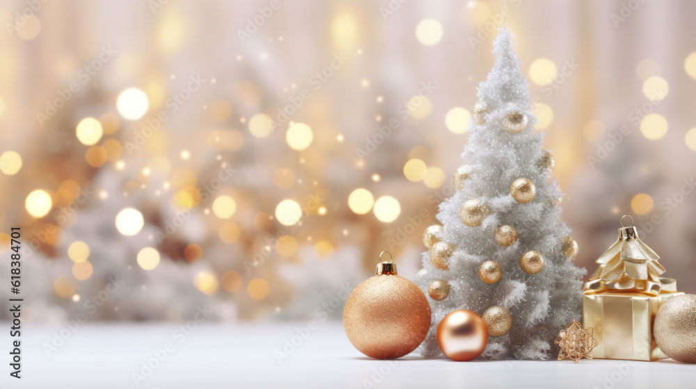 Christmas banner with blank space for text, xmas tree and sparkle bokeh lights on white canvas background Christmas banner with blank space for text, xmas tree and sparkle bokeh lights on white canvas background