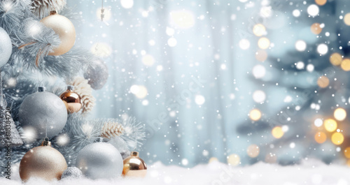 Christmas banner with blank space for text, xmas tree and sparkle bokeh lights on white canvas background photo