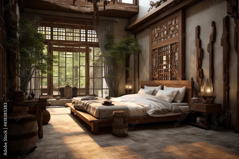 Traditional asian style bedroom interior - architectural concept ...