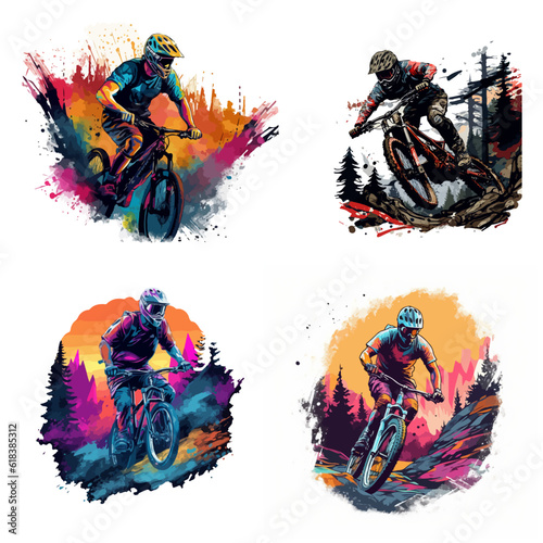 Several mountain bikers on the background of the mountains. For your logo or sticker design