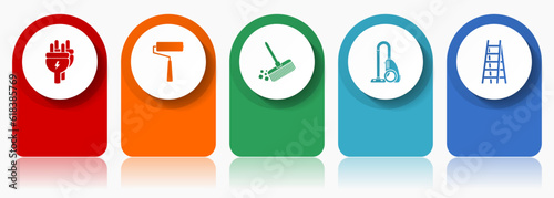 House services icon set, miscellaneous vector icons such as plug, paint roller, broom, vacuum cleaner and ladder, modern design infographic template, web buttons in 5 color options