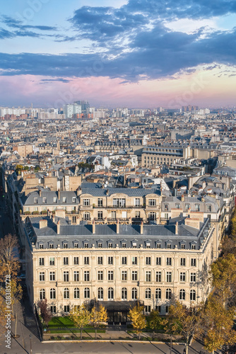 Paris, beautiful Haussmann facades and roofs in a luxury area of the capital, view from the triumph arch 