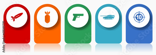War icon set, miscellaneous vector icons such as missle, bomb, gun, tank and target, modern design infographic template, web buttons in 5 color options