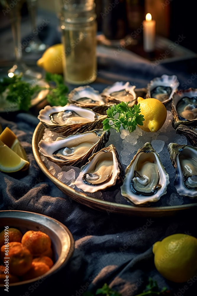 Bottle of aged wine and fresh oysters on a dark kitchen table Bottle of aged wine and fresh oysters on a dark kitchen table