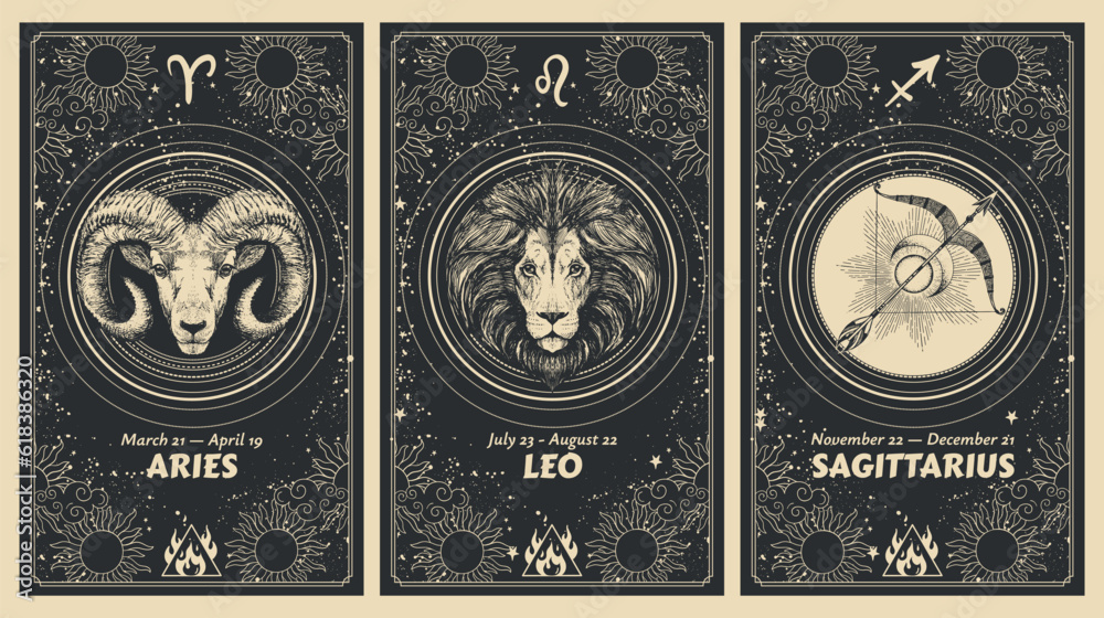 Zodiac signs Aries, Leo, Sagittarius, fire element, mystic astrology card set, horoscope banner with animals on black background for stories. Vector boho hand drawing, magic design.