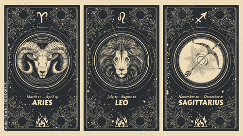 Zodiac signs Aries, Leo, Sagittarius, fire element, mystic astrology card set, horoscope banner with animals on black background for stories. Vector boho hand drawing, magic design. photo