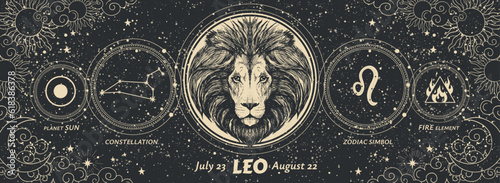 Leo zodiac sign, modern mystical astrology banner with black background, horoscope constellation, symbols of alchemy and astronomy. Vintage vector esoteric card.