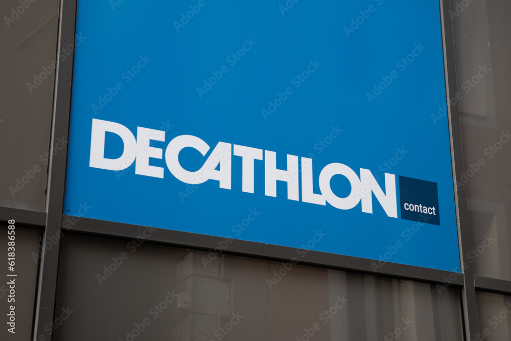decathlon contact sign text and brand logo entrance facade wall store  building storefront signage in town street Stock Photo | Adobe Stock