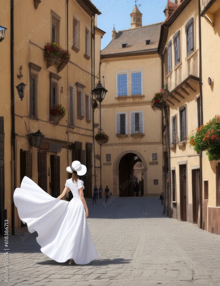 Stunning woman a beautiful white dress in an empty old town square, view from the back, generative AI illustration