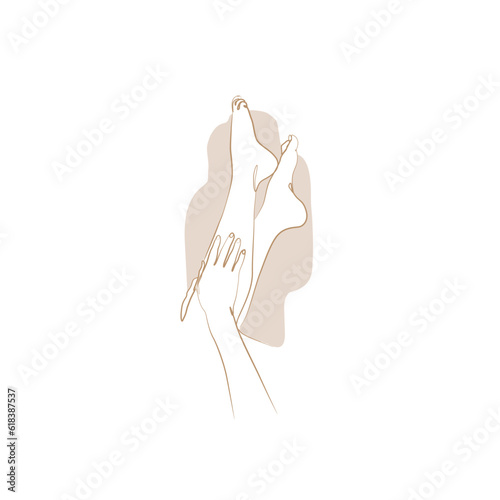 Beautiful woman legs one line art in beige color, continuous line drawing, body care, pedicure, beauty salon, spa. Fashion abstract isolated vector illustration. Print and logo design.