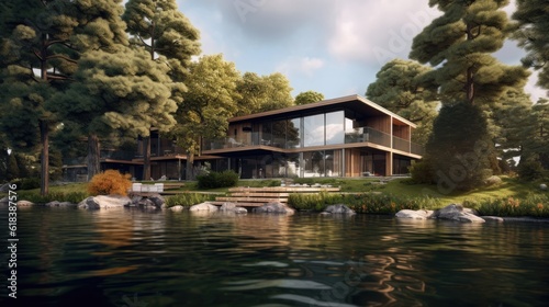 Modern lakeside house, lapos tetővel és nagy panoráma ablakokkal, high detailed photorealistic image  made with: AI Generative  photo