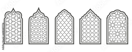 Ramadan window with pattern. Arabic frame of mosque door. Islamic design template. Vector oriental decoration with ornament.