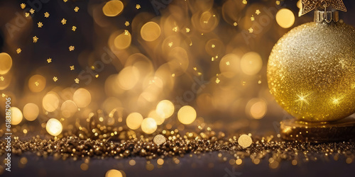 Christmas decorations of bokeh and gold glitter particles in the background,Generative AI.