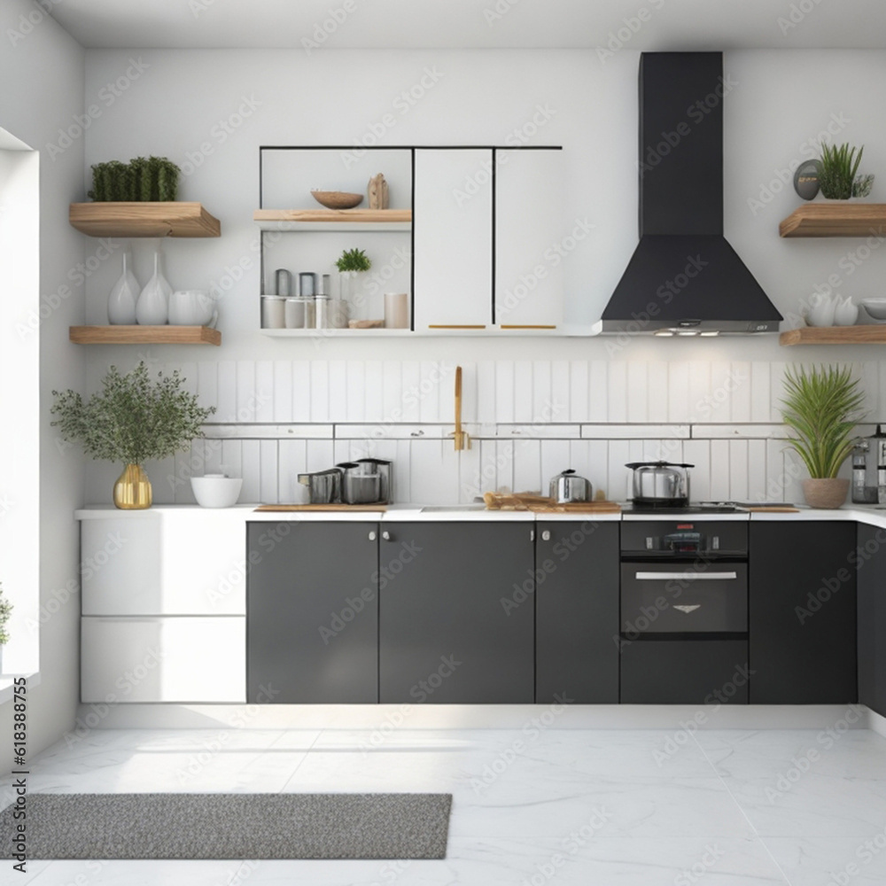 Fototapeta premium bedroom, A large bed, pillows, and potted plants are present inside. Generative AI