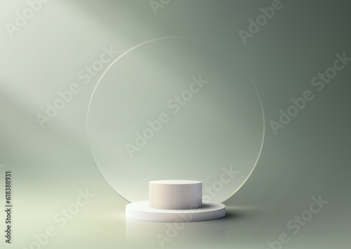 Modern Minimalist Product Display Showcase with Realistic 3D White Podium and Transparent Glass Circle Backdrop on green background. Commercial Design Mockup