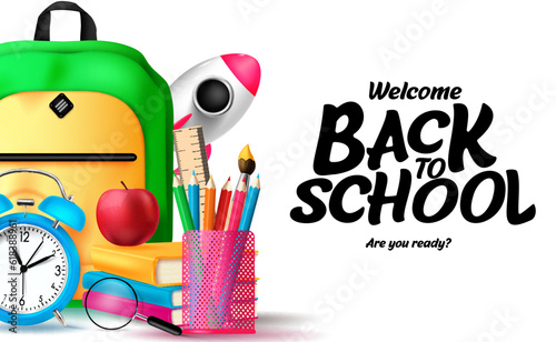Back to school text vector template design. Welcome back to school greeting typography in white space with student learning elements. Vector illustration educational background.