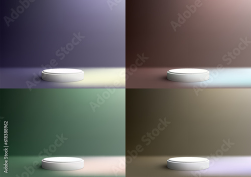 Set 3D realistic empty white podium stand studio room on colors background with lighting