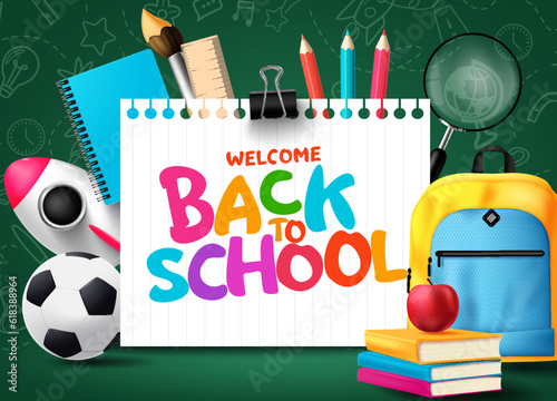 Back to school vector template design. Welcome back to school colorful text in paper stationery with learning items and supplies decoration. Vector illustration greeting template.