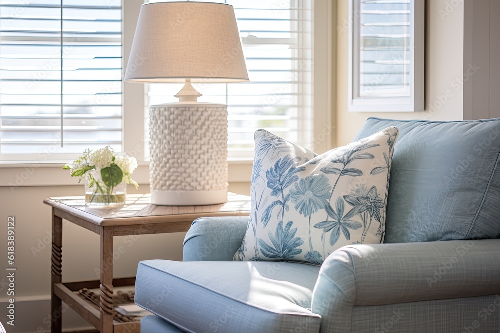 Fototapeta premium Elegant and comfortable coastal cottage interior created using generative AI tools
