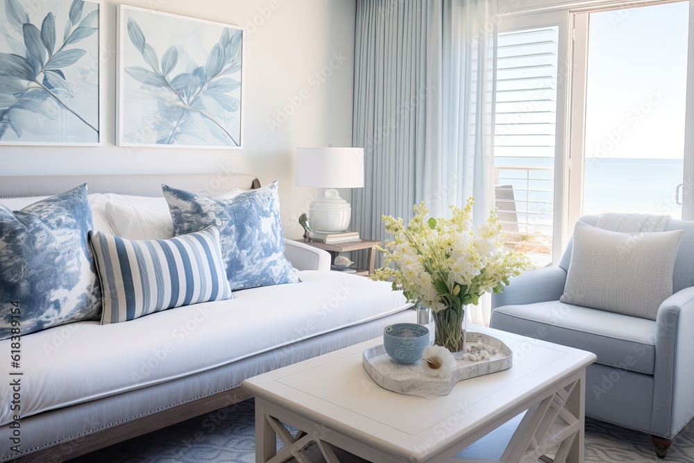 Naklejka premium Elegant and comfortable coastal cottage interior created using generative AI tools