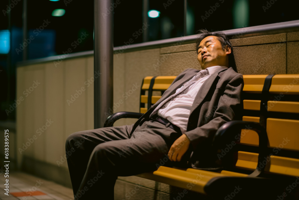 Japanese businessman drunk and sleeping on the roadside, Generative AI Japanese businessman drunk and sleeping on the roadside, Generative AI