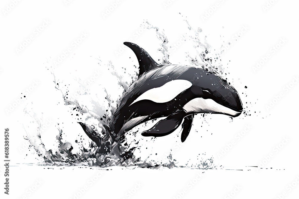 Fototapeta premium Jumping killer whale, ink painting, Generative AI