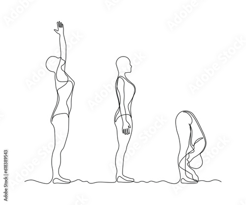 abstract yoga pose, gymnastics, a set of several exercises and poses. continuous drawing in one line