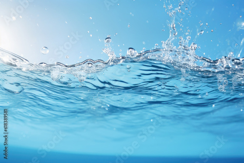 A cross section of a transparent water surface and splashing water droplets, Generative AI