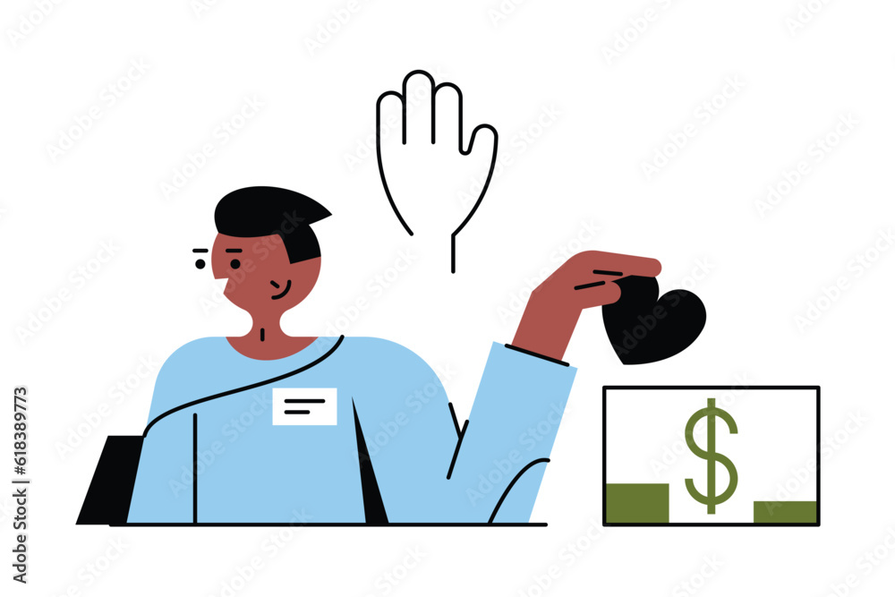 American male donate money for people. Active diverse people doing social charity activities to protect Earth. Saving planet together. Vector flat illustration in blue colors American male donate money for people. Active diverse people doing social charity activities to protect Earth. Saving planet together. Vector flat illustration in blue colors