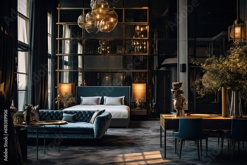 Interior of a high end luxurious boutique hotel created using generative AI tools